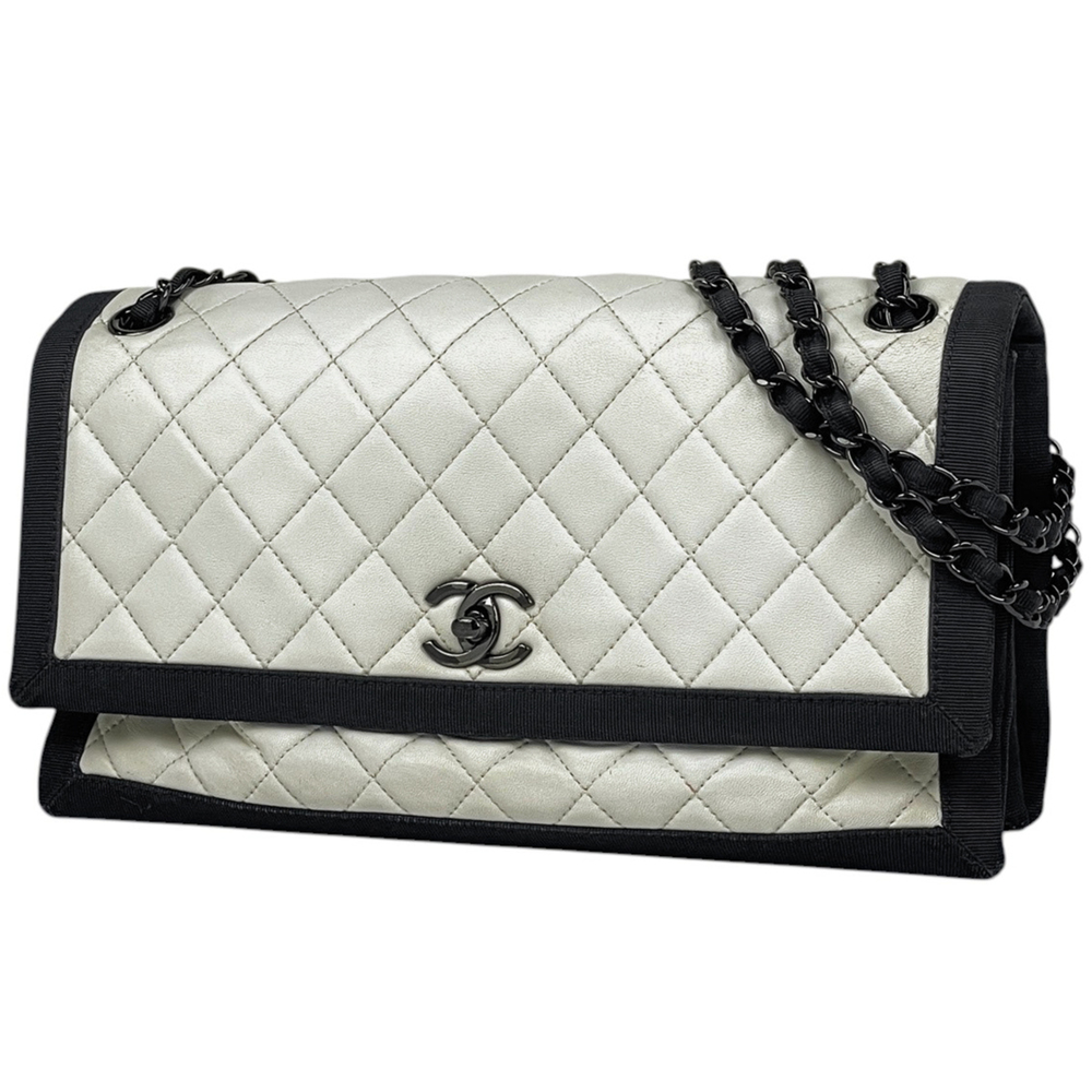 Chanel Single Flap Chain Shoulder Bag, Double Chain, Bicolor Leather White, W...